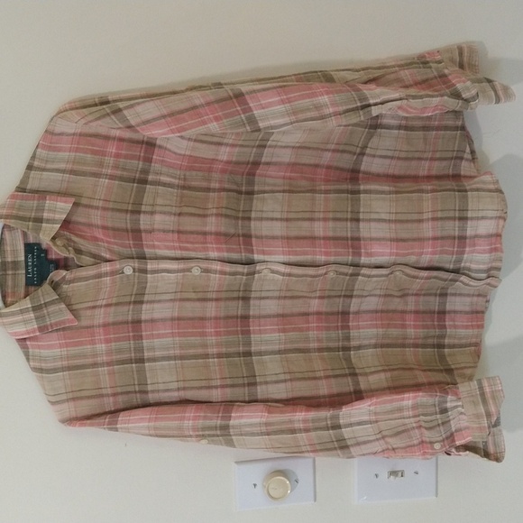 Women's R Lauren 100% linen plaid shirt long sleeves button down sz s tan coral - Picture 1 of 10